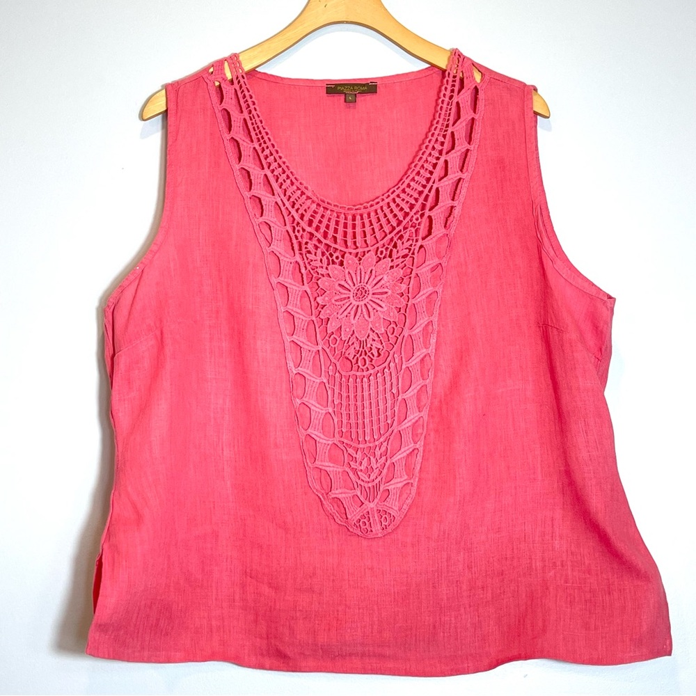 PIAZZA ROMA Womens Coral Pink 100% Linen Sleeveless Tank Top Crochet Lace Size L